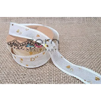 Stuha Stuha tkaná 2,5 cm x 10 y - krémová se srdíčky