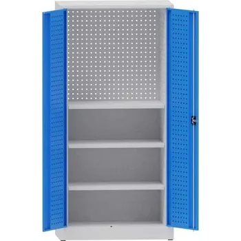 Dílenská skříň na nářadí, v x š x h: 1950x950x500 mm, perforované panely, 3 x police, barva šedá RAL7035/modrá RAL5012