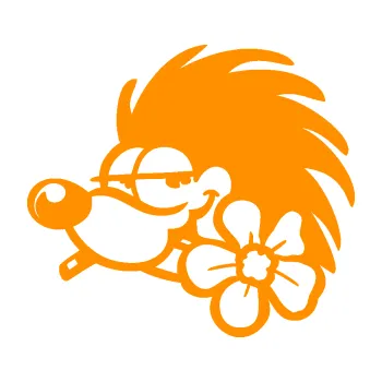 Samolepící dekorace SAMOLEPKA Ježek 003 levá s květinou (06 - oranžová) NA AUTO, NÁLEPKA, FÓLIE, POLEP, TUNING, VLASTNÍ TEXT, TISK, AUTOSAMOLEPKY.cz, POLEPY, OBRÁZEK, LOGO, SAMOLEPKY