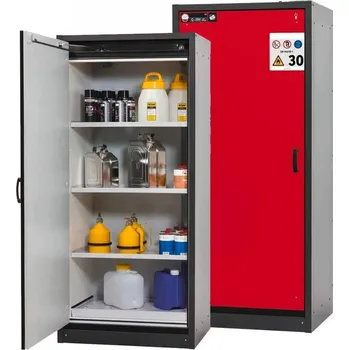 Bezpečnostní skříň na chemikálie 30 min., 3 police + vana, š. 864 mm, dveře červené