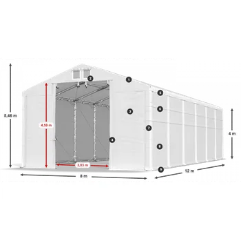 Zahradní stan Skladový stan 8x12x4m střecha PVC 620g/m2 boky PVC 620g/m2 konstrukce POLÁRNÍ PLUS Bílá Bílá Bílá