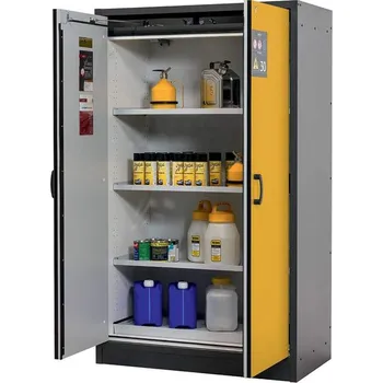 Bezpečnostní skříň na chemikálie 30 min., 3 police + vana, š. 1164 mm, dveře žluté