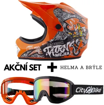 Helma na motorku Výhodný dětský SET: oranžová helma a ochranné brýle (Dětské helmy)
