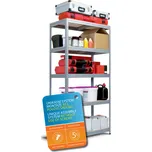 Kovový bezšroubový regál FUTUR, 180 x 75 x 35 cm, 350 kg/pol., 5 dřevovláknitých HDF polic, pozink