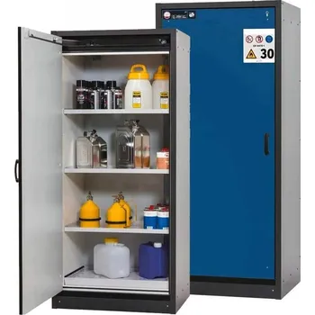 Bezpečnostní skříň na chemikálie 30 min., 3 police + vana, š. 864 mm, dveře modré
