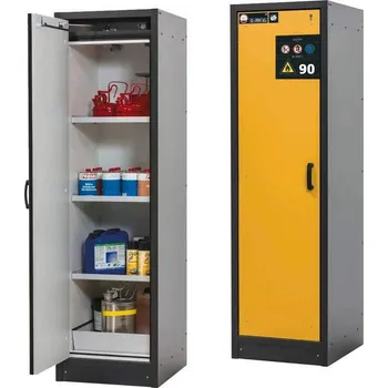 Bezpečnostní skříň na chemikálie 90 min., 3 police + vana, š. 600 mm, dveře žluté