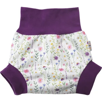 Plenkové kalhoty Breberky Natahovací svrchní kalhotky PUL - Fialové kopretiny VELIKOST: S (4-7kg)