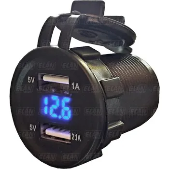Auto elektroinstalace Zásuvka voděodolná 2x USB + voltmetr modrý