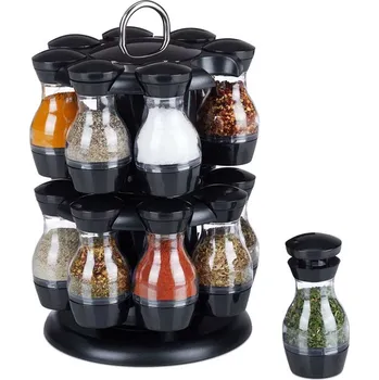 Kořenka Stojan na 16 kořenek otočný, černá/stříbrná - Relaxdays (Kolotoč na koření 16 ks černá/stříbrná - Relaxdays)