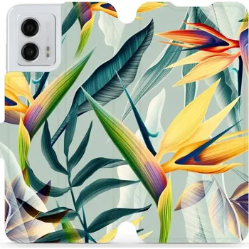 Pouzdro na mobilní telefon Flipové pouzdro Mobiwear - Motorola Moto G53 5G - MC02S Žluté velké květy a zelené listy (Knížkové flip pouzdro, obal, kryt na mobil Motorola Moto G53 5G - MC02S Žluté velké květy a zelené listy, materiál Umělá kůže + TPU - ochrana 360°, stojánek,)