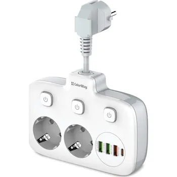 Elektrická zásuvka ColorWay CW-CHE24PDW Kabel, prodlužovací, napájecí, 2× Schuko zásuvka, 3× USB, 1× USB-C, 2,5cm, bílý CW-CHE24PDW