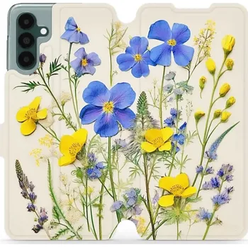 Pouzdro na mobilní telefon Flipové pouzdro Mobiwear - Samsung Galaxy A04S - VP41S Modré a žluté kvítky (Knížkové flip pouzdro, obal, kryt na mobil Samsung Galaxy A04S - VP41S Modré a žluté kvítky, materiál Umělá kůže + TPU - ochrana 360°, stojánek, silikonová vanička, magnetické)