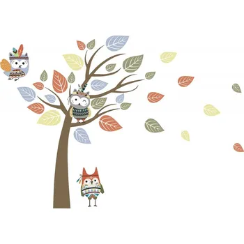 Samolepící dekorace Samolepka na zeď barevné sovy na stromě v indickém stylu 171 x 122 cm