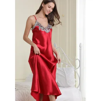 Dámská noční košile Dámská dlouhá saténová noční košilka s krajkou Barva: Červená, Velikost: XXXL