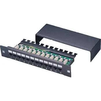 Patch panel XtendLan Patch panel 10", 12 portů, 1U, Cat5e, stíněný, LSA, s krytem, vodorovné umístění konektorů, zemnič, černý PP0-12C5E-LSA-HG