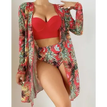 Dámské plavky Dámské plavky dvojdílné s "bardotkou" a župánkem Barva: červená 27, Velikost: L