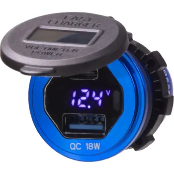 USB nabíječka QC + USB-C s voltmetrem/wattmetrem, hliníková do panelu, 18W + 45W
