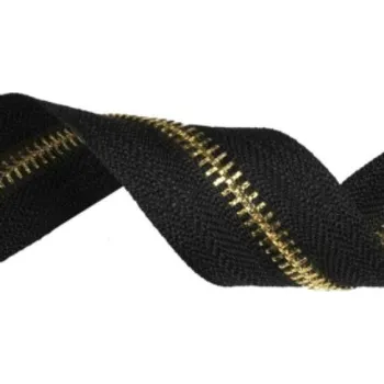Zip Zip kovový zlatý, nekonečný pás 5 mm, černý, metráž