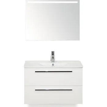 Koupelnový nábytek Koupelnový nábytkový set Seville 80 cm s keramickým umyvadlem Model 1 a zrcadlem s LED osvětlením bílá vysoce lesklá