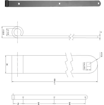 Dveřní kování Kování pásové 600x35x4 mm, otvor pro čep ø14 mm, černá barva