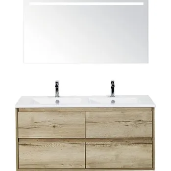 Koupelnový nábytek Koupelnový nábytkový set Porto 120 cm s keramickým dvojitým umyvadlem 4 zásuvky a zrcadlem s LED osvětlením dub přírodní