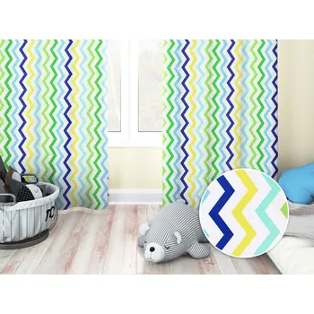 ubrus Dětský bavlněný závěs Sandra SA-378 Zeleno-modro-žluté cik-cak proužky 150x140 cm