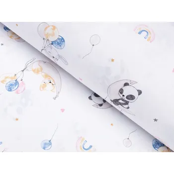 Dětská bavlněná látka/plátno Sandra SA-374 Pandy lišky a zajíčci s balónky - šířka 160 cm