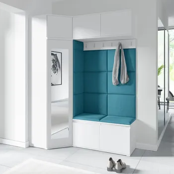 Předsíňová stěna Rohová předsíňová stěna Emi 38 - bílá Barva panelů: Modrá - Trinity 13