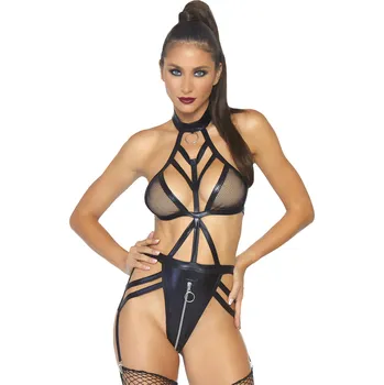 Erotický nábytek Leg Avenue Cage Strap Garter Teddy KI4028 Black Velikost M/L