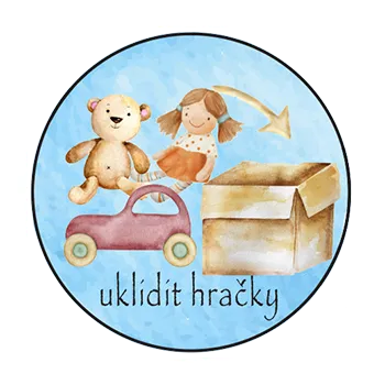 magnetka pro dítě Magnetka pro děti – Uklidit hračky, ručně malovaná, 37 mm