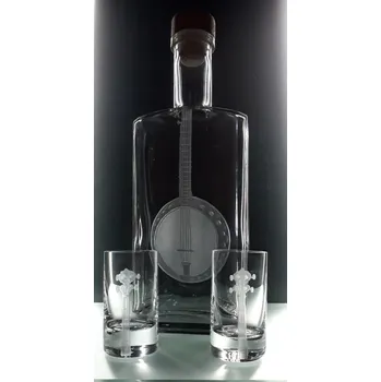 Sklenice lahev na kořalku 0,5l s rytinou Banjo +2ks likér - ručně ryté (broušené) dárková krabička, dárek pro hudebníka