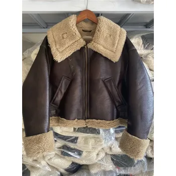 Dámský křivák Teplá bunda koženého vzhledu na zip Barva: Hnědá, Velikost: S