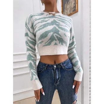Dámský svetr Crop svetr se zvířecím vzorem Barva: Tyrkysová, Velikost: ONE SIZE