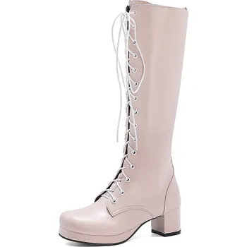 Dámské kozačky Šněrovací kožené kozačky na hranatém podpatku Barva: Růžová, Velikost: 34