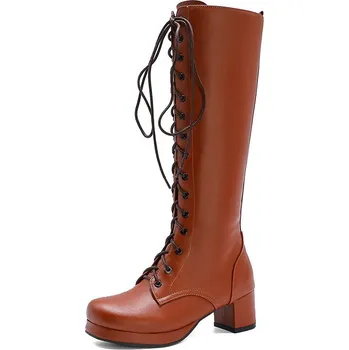 Dámské kozačky Šněrovací kožené kozačky na hranatém podpatku Barva: Hnědá, Velikost: 45