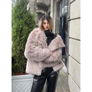 Oversize kožešinový kabát chlupatá bunda s límcem Barva: Khaki, Velikost: S