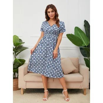 Dámské šaty Vzorované šaty s květinami a výstřihem do V Barva: Modrá, Velikost: L