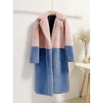 Dámský kabát Dvoubarevný kožich dlouhý plyšový kabát na zimu Velikost: M, Barva (Varianta): Růžová modrá