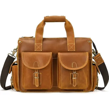 Prošívaná kožená aktovka business taška pravá kůže Barva (Varianta): žlutá hnědá2