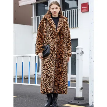 Dámský kabát Dlouhý kožich plyšový kabátek zvířecí vzor Leopard Barva: Leopardí, Velikost: M