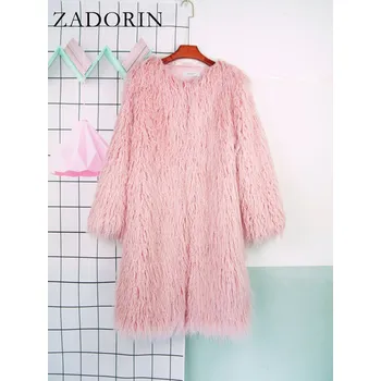 Dámský kabát Dlouhý chlupatý kožich s kulatým výstřihem Barva: Růžová, Velikost: S