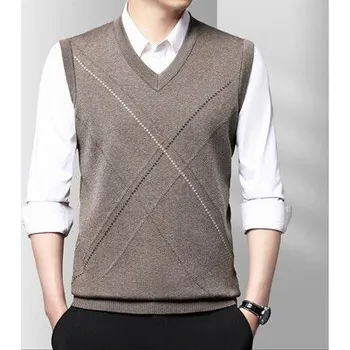 Pánský svetr Pánská pletená vesta typu svetr bez rukávů se vzorem Barva: Khaki, Velikost: 3XL