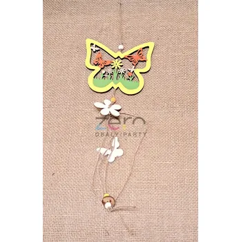 Motýl dřevěný závěsný s přízdobou - žlutý