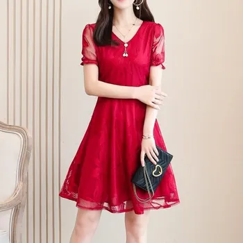 Dámské šaty Čína Elegantní společenské šaty s dvojvrstvým efektem a vyšívanými květy Barva: červená (Short Sleeve-Red-A), Velikost: 4XL