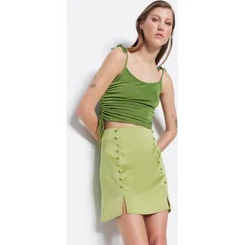 Dámská sukně Trendyol zelená mini saténová sukně s knoflíkem a detailem rozparku Trendyol kaki 2156117