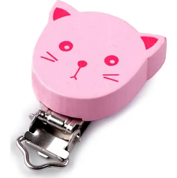 Hračka pro nejmenší Klip na dudlík dřevěný - růžová kočka