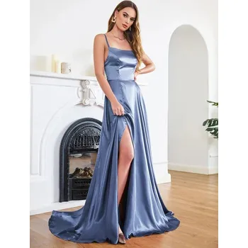 Dámské šaty Elegantní dlouhé saténové společenské šaty s odhalenými zády Barva: &nbsp;šedomodrá, Velikost US: 12