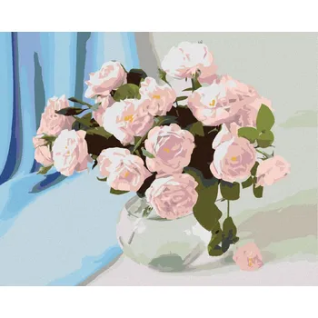 Hračka Diamondi Diamantové malování - RŮŽOVÉ KVĚTINY VE VÁZE A MODRÝ ZÁVĚS Rozměr: 40x50 cm, Rámování: bez rámu a bez vypnutí plátna
