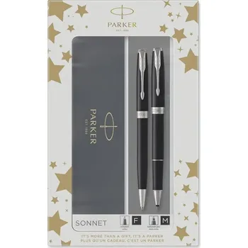 Luxusní plnící pero+kuličkové pero,PARKER Sonnet Matte Black GT Duo Set Černo stříbrná