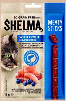 Pamlsek pro kočku Shelma Meaty Sticks se pstruhem a borůvkami 15 g